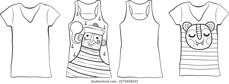 Illustration to color on the theme of fashion, draw a t-shirt following your imagination and your clothing style, fun activity with clothes to customize with a pattern, text...