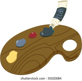 illustration of  color tube and mixing palette on white