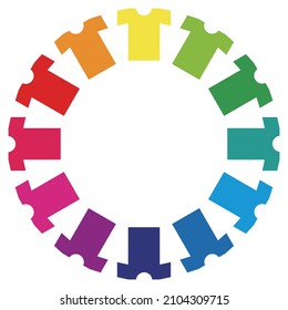 An illustration color wheel in which 12  color T  shirts draw circle 