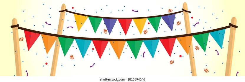 illustration of colored bunting flags on a white and yellow background And confettis