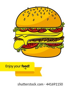 Illustration with colored burger. Enjoy your food!