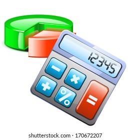 illustration of colored calculator with different buttons with shadow and round diagram