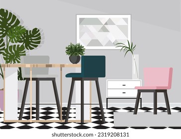 Illustration of colored chairs in a trendy gray living room interior with a table.
