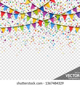 illustration of colored confetti and garlands background for party or carnival usage with transparency in vector file