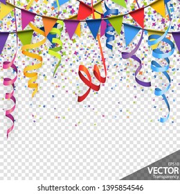 illustration of colored confetti, garlands and streamers background for party or carnival usage with transparency in vector file