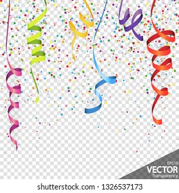 illustration of colored confetti and streamers background for party or carnival usage with transparency in vector file