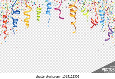 illustration of colored confetti and streamers background for party or carnival usage with transparency in vector file