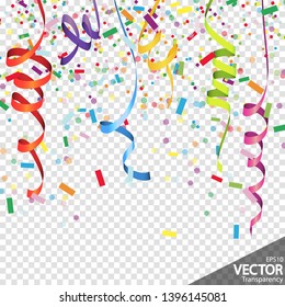 illustration of colored confetti and streamers background for party or carnival usage with transparency in vector file