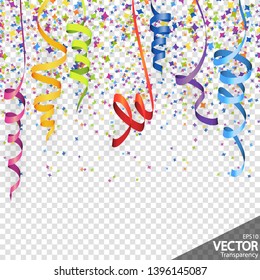 illustration of colored confetti and streamers background for party or carnival usage with transparency in vector file