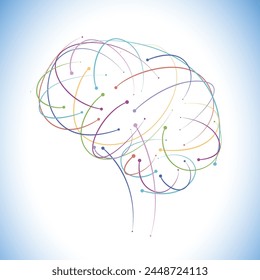 Illustration of colored curves interlocking to form a human brain, modern technology style. Used in commercial, medical, advertising and educational purposes.