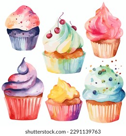 Illustration, colored flat round cupcake wrappers, cute simple design, using bright soft colors, transparent watercolors.