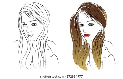 Illustration with colored girl and contour girl