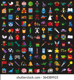 illustration colored icons on a black background children's toys