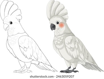 Illustration of a colored and line art cockatoo