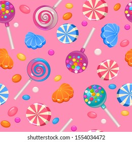 Illustration of colored lollipops, candies and jelly pattern on pink background