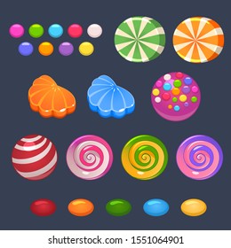 Illustration of colored lollipops, jelly and candies set on dark background