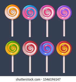 Illustration of colored lollipops on stick on dark background 