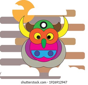 Ilustración de búho de colores con nubes detrás