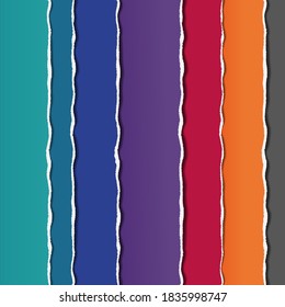 
Ilustración de papel coloreado con un borde roto. Azul, turquesa, violeta, roja y naranja. Se puede utilizar en el diseño web, como fondo, para banners e impresión