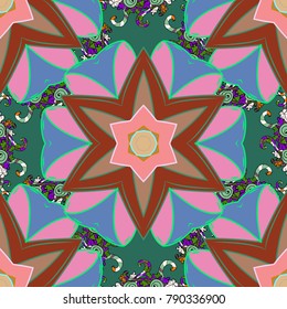 Illustration colored pattern on a green, pink and brown colors. Concept unusual abstract luxury decor. Linear trend style. Vector design element. Template for creating logo, icon, symbol, emblem.