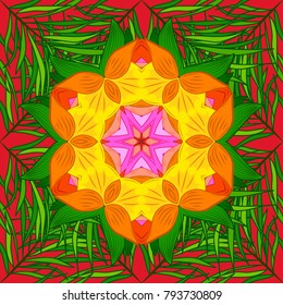 Illustration colored pattern on a green, red, orange colors. Linear trend style. Vector design element. Concept unusual luxury decor. Template for creating logo, icon, symbol, emblem, monogram frame.