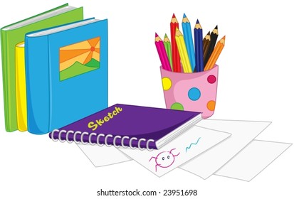 ilustración de lápices de colores y cuaderno