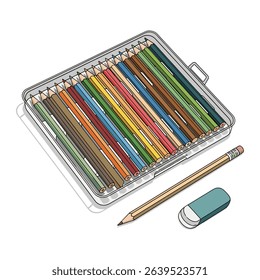 Illustration of colored pencils in a transparent tray with pencil and eraser, art supplies