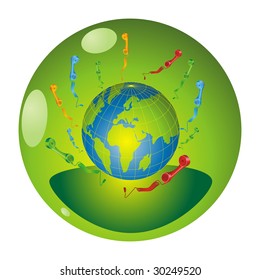 Illustration of colored phone receivers with cord connecting to the Earth.