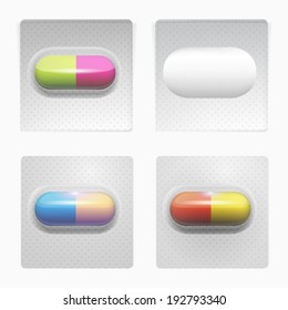 Illustration of colored pills. Set of three square gray packs with colored pills and one empty pack. Isolated vector illustrations on white.