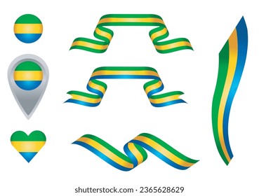 Ilustración de cintas coloreadas, bola, puntero de mapa y corazón. Verde, amarillo y azul aludiendo a los colores heráldicos de la bandera de Brasil. Vector aislado sobre fondo blanco.