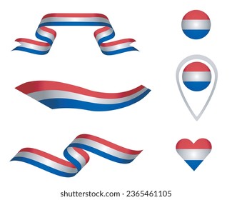 Illustration of colored ribbons, map pointer, ball and heart. Red, white and blue alluding to heraldic colors of some flags. Vector isolated on white background.