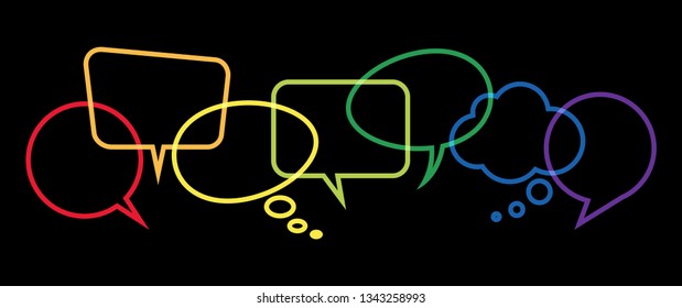 illustration of colored speech bubbles frames in a row with space for text on black background