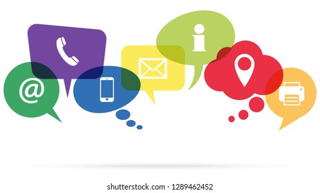 illustration of colored speech bubbles in a row with communication icons