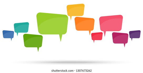 illustration of colored speech bubbles in a row with space for text