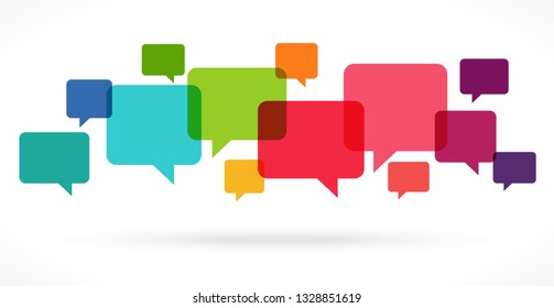 illustration of colored speech bubbles in a row with space for text