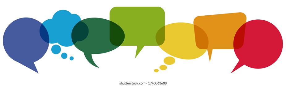 illustration of colored speech bubbles in a row with space for text on white background