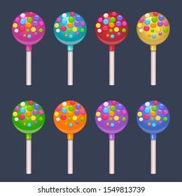 Illustration of colored spheric lollipops set on white sticks