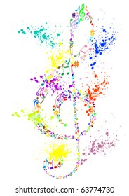 Illustration of a colored stained G clef with music notes