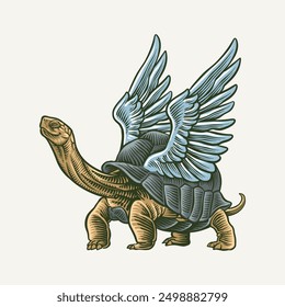 illustration of a colored turtle with wings using engraving technique