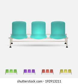 Illustration of colored waiting benches. Set of triple colored waiting benches. Five vector illustrations isolated on white.