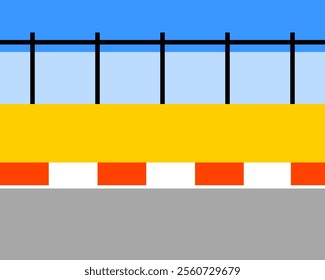 Illustration of colorful abstract design with a yellow band and red accents, featuring a blue sky and a stylized road below