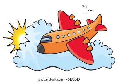 Illustration of colorful aeroplane over clouds