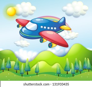 Illustration of a colorful airplane above the hills