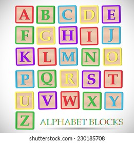Illustration of colorful alphabet blocks isolated on a white background.