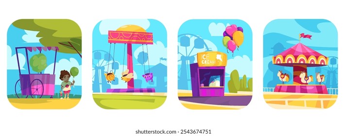 Illustration of a colorful amusement park with a carousel, swings, ice cream stand, and balloons.