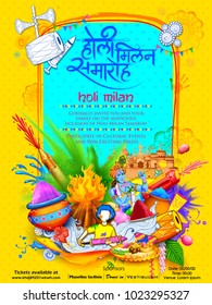 illustration of colorful Background for Festival of Colors celebration greetings withmessage in Hindi Holi Milan Samaroh meaning Holi After Party