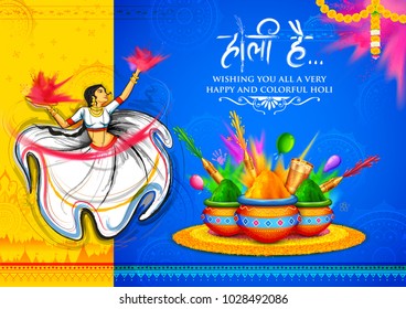 illustration of colorful background for Festival of Colors celebration with message in Hindi Holi Hain meaning Its Holi