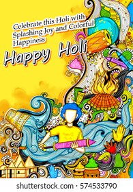 illustration of colorful Background for Festival of Colors celebration greetings withmessage in Hindi Holi Milan Samaroh meaning Holi After Party