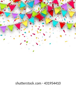 Illustration Colorful Background with Hanging Bunting and Confetti for Your Party - Vector