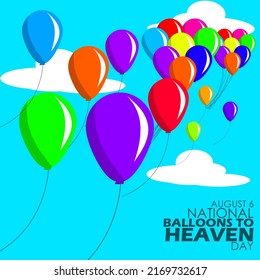 Illustration of colorful balloons flying high in the cloudy sky with bold text to commemorate Balloons to Heaven day August 6th